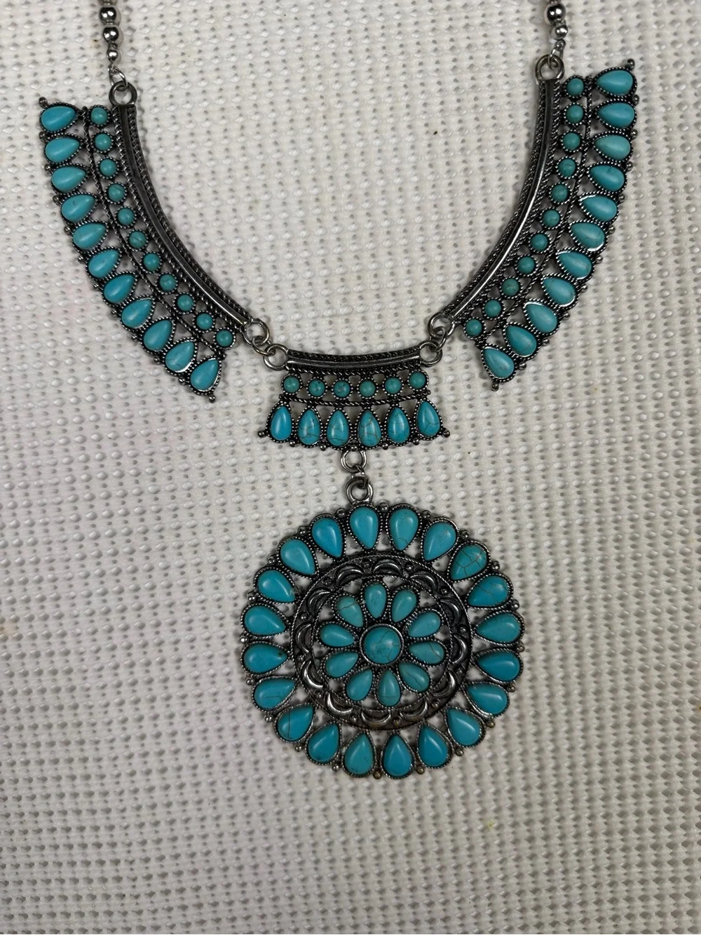 Faux Turquoise Teardrop Bold Statement Necklace - Aztec, Native American,